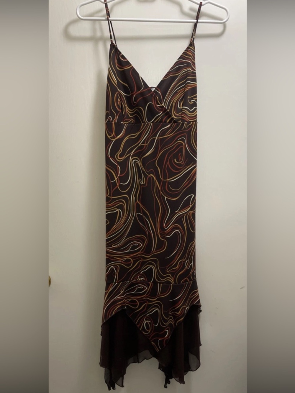 Y2K Retro Handkerchief Fairy  Brown, Rust & Cream Printed spaghetti strap Dress